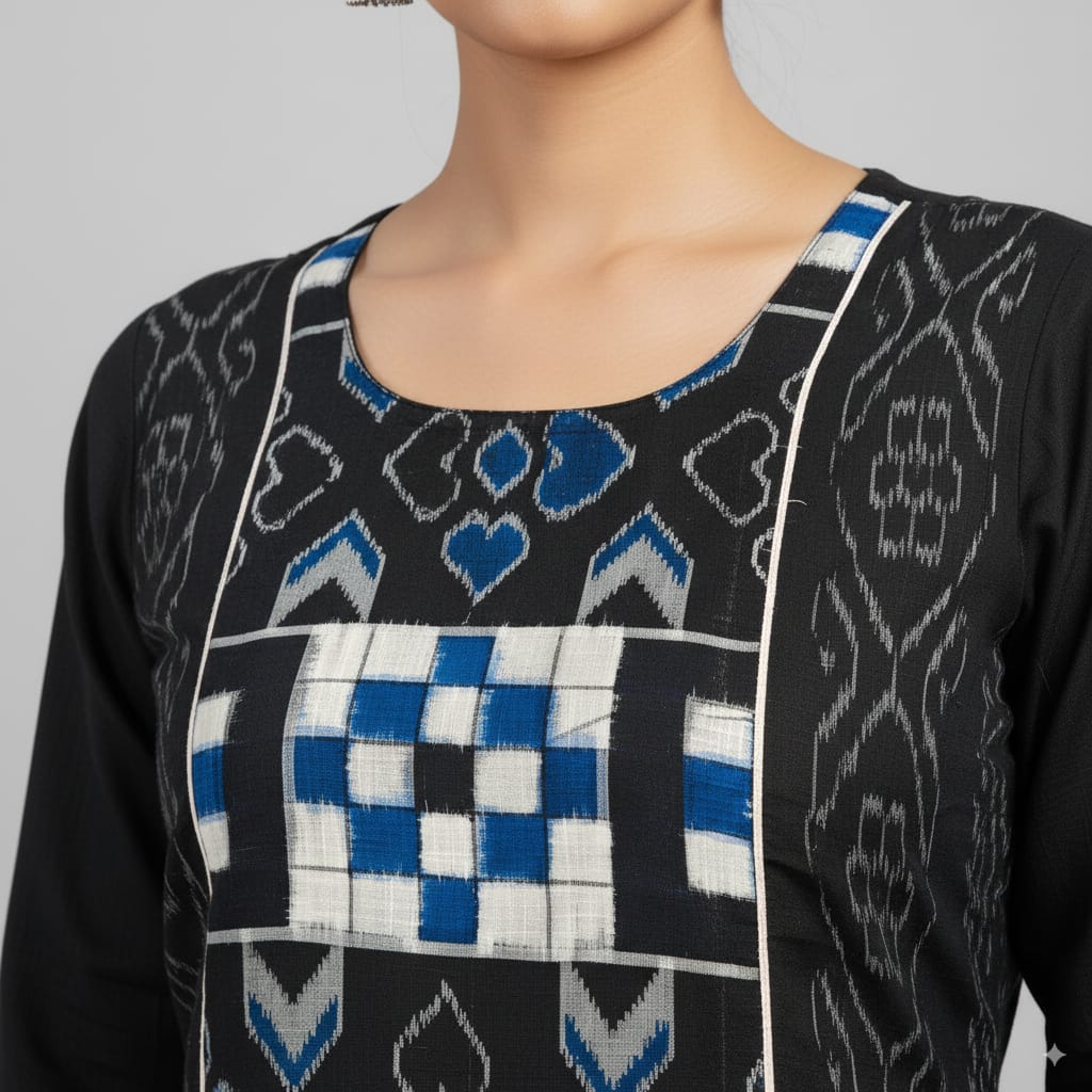 Black Blue Pasapali Sambalpuri Designer A-Line Kurti