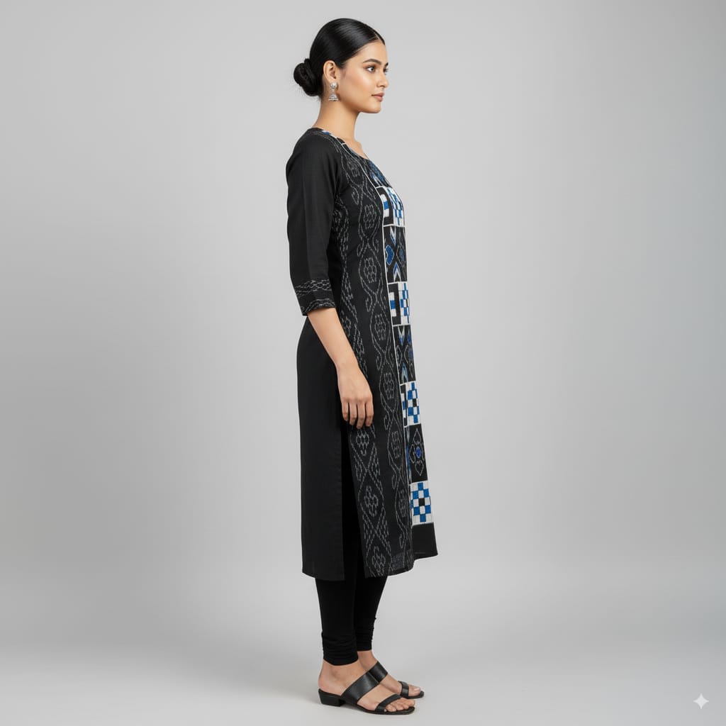 Black Blue Pasapali Sambalpuri Designer A-Line Kurti
