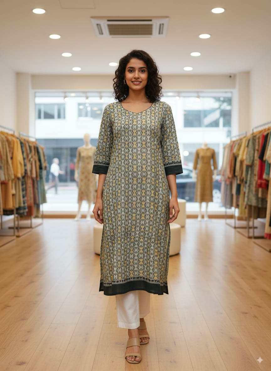 Light Colour Ikat Design Double Side Designer A-Line Kurti