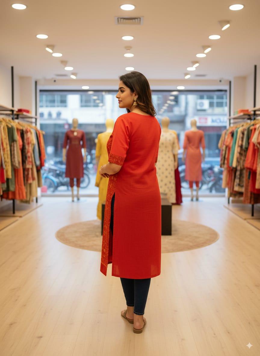 Red Tribal And Tree Designer A-Line Kurti