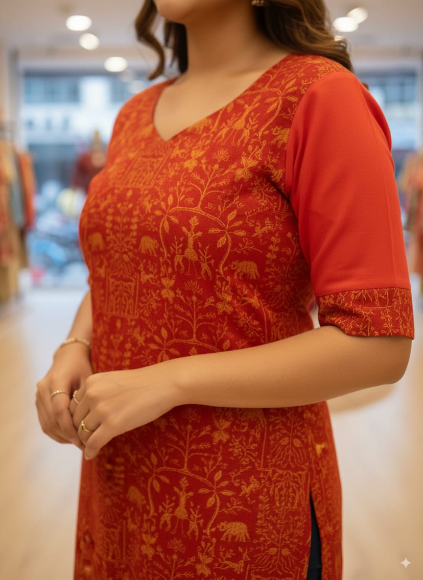 Red Tribal And Tree Designer A-Line Kurti