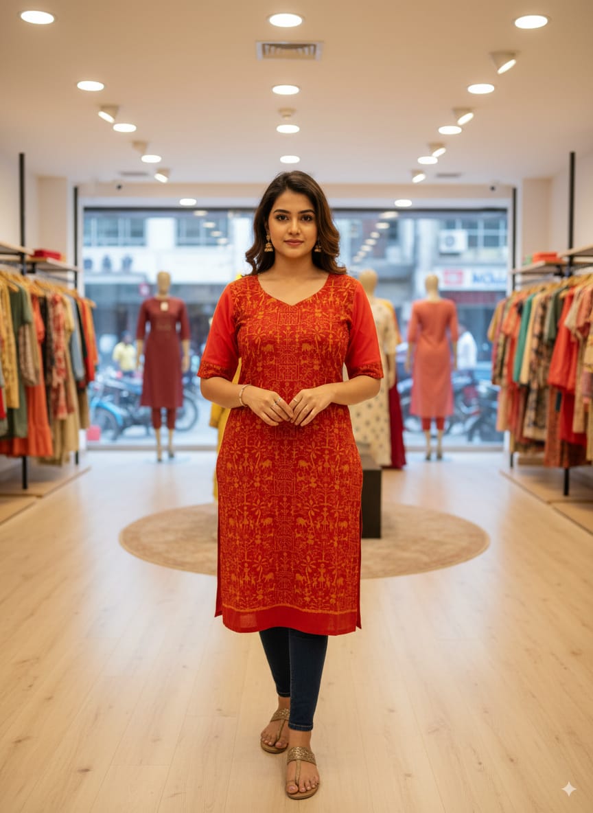 Red Tribal And Tree Designer A-Line Kurti