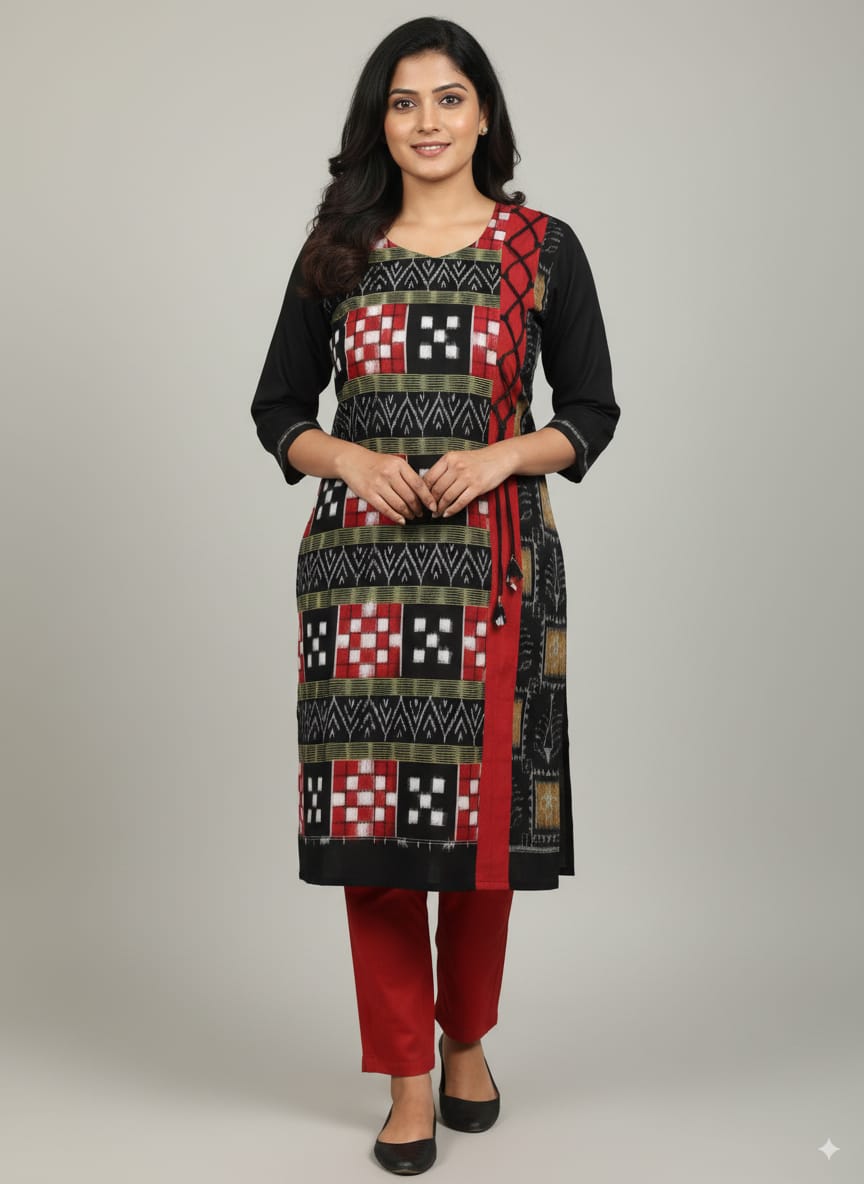 Maroon Black Red Pasapali Sambalpuri Designer A-Line Kurti
