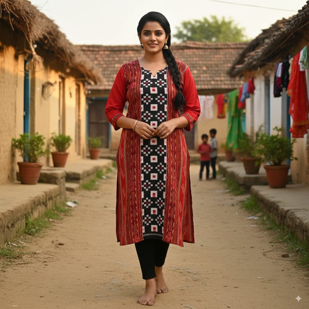 Maroon Black Pasapali Designer Single Side Sambalpuri A-Line Kurti