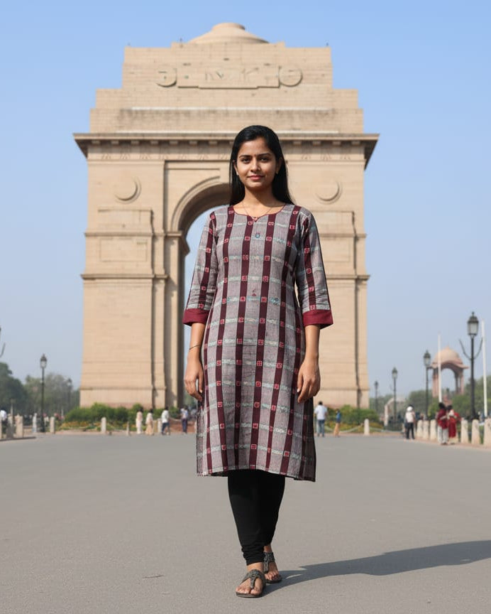 Grey Maroon Tipa Pasapali Double Side Sambalpuri Designer A-Line Kurti