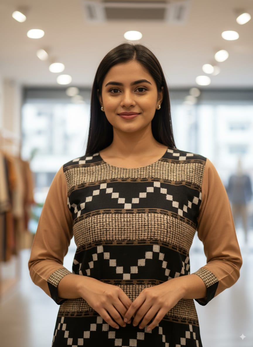 Off White Black Checks Design Single Side Designer A-Line Kurti