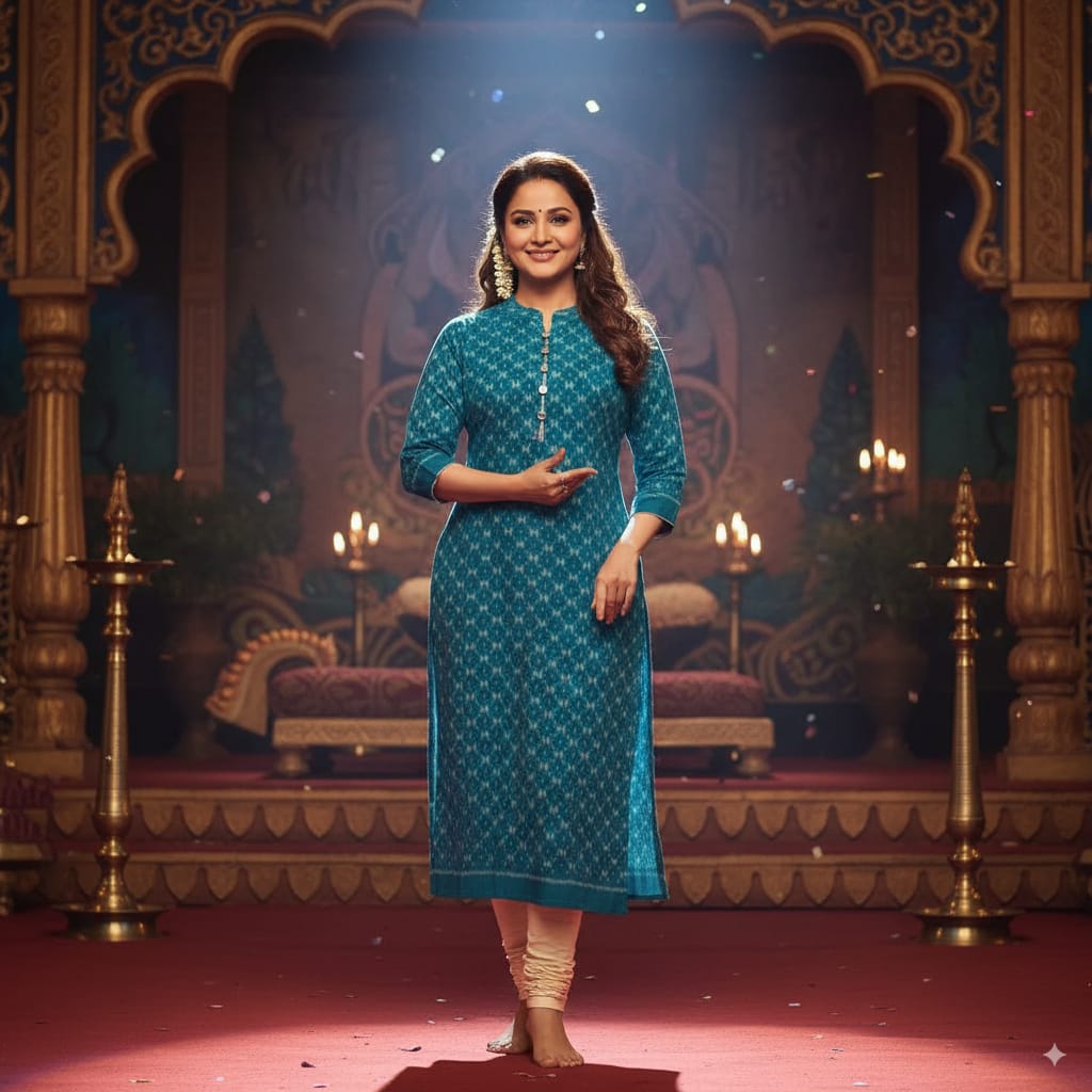 Teal Blue Ikat Designer Double Side Sambalpuri A-Line Kurti