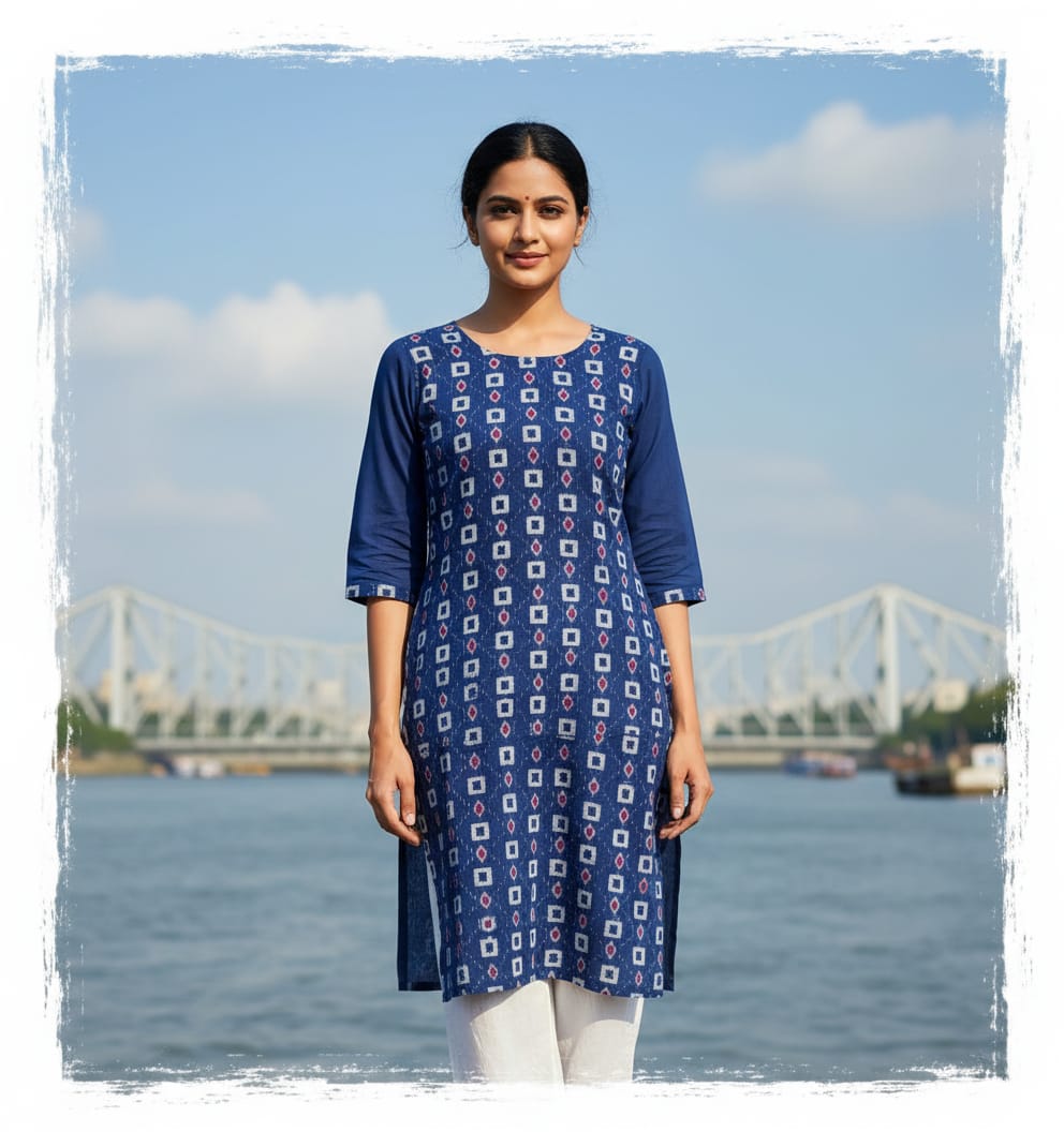 Blue Pasapali Designer Single Side Sambalpuri A-Line Kurti