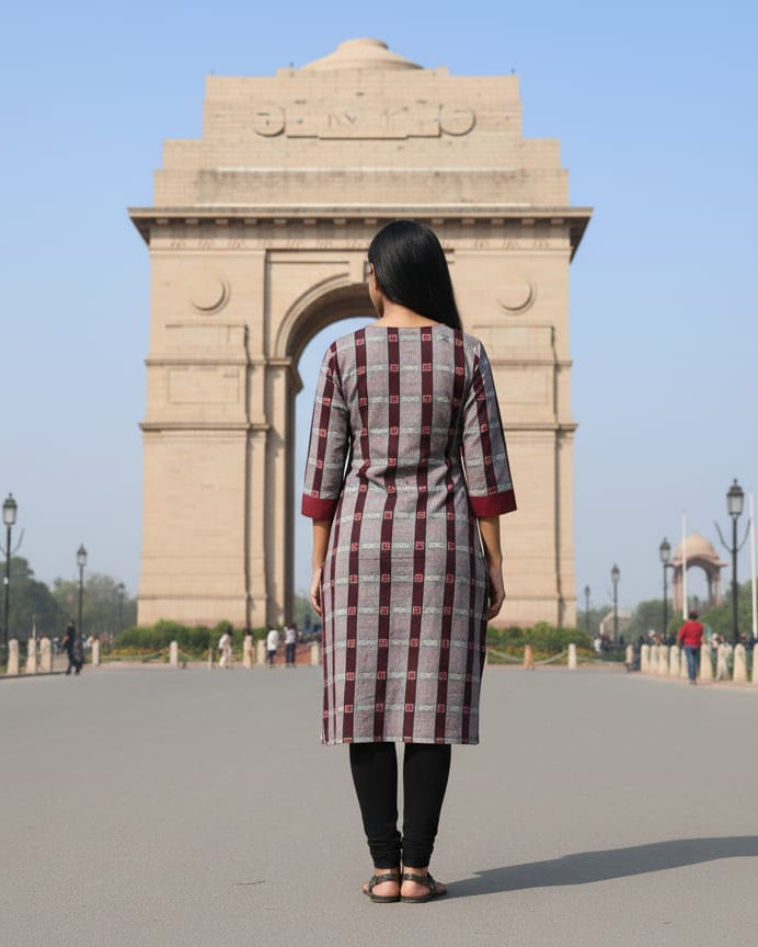 Grey Maroon Tipa Pasapali Double Side Sambalpuri Designer A-Line Kurti