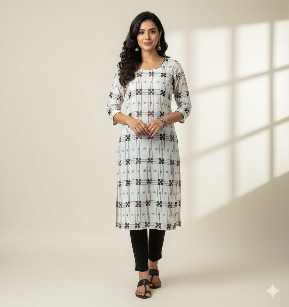 White Pasapali Double Side Designer Sambalpuri A-Line Kurti