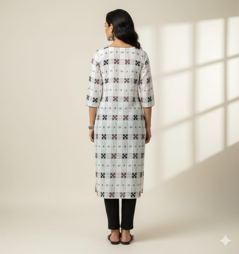 White Pasapali Double Side Designer Sambalpuri A-Line Kurti