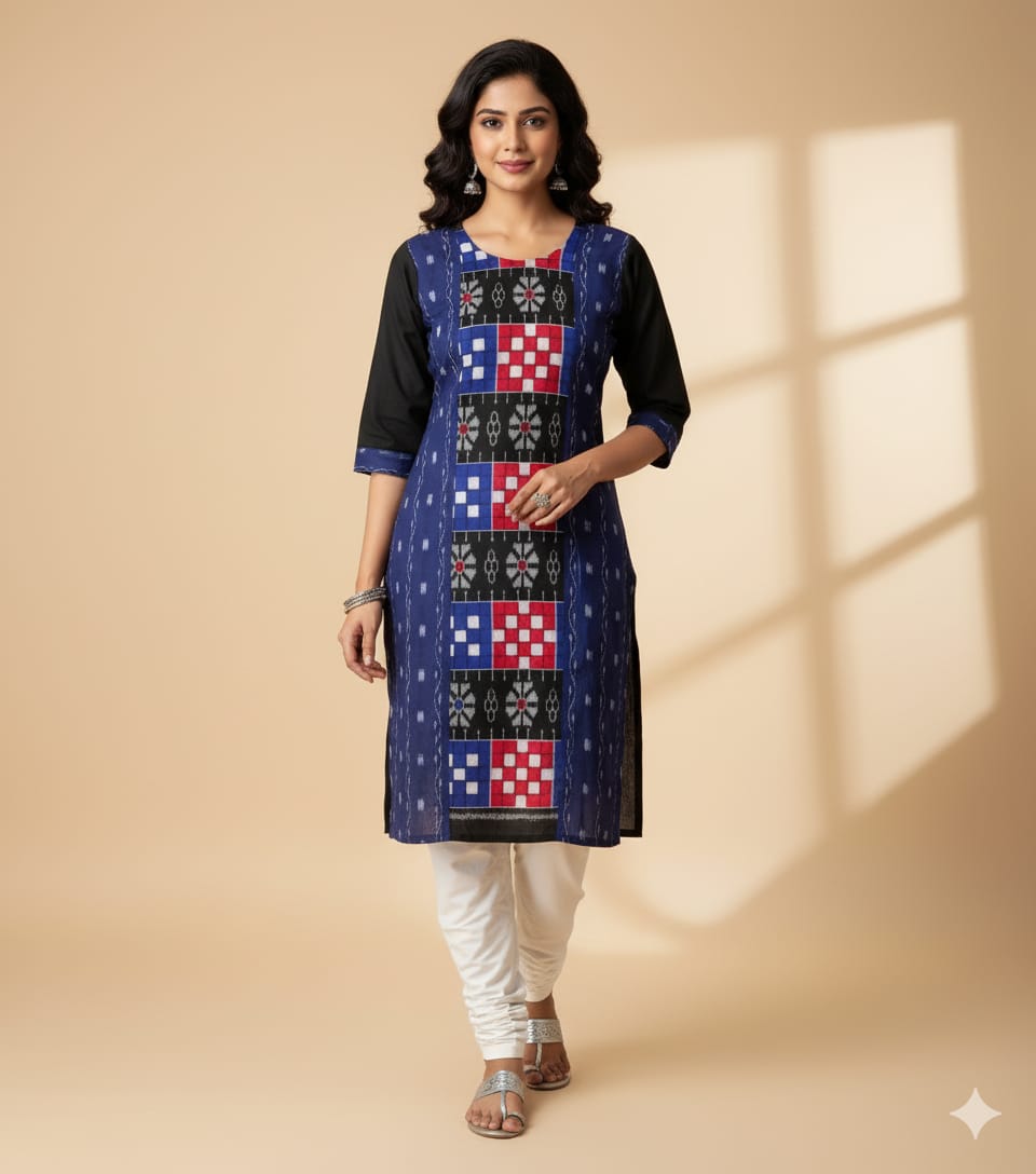 Navy Blue  Black Pasapali Flower Designer Sambalpuri A-Line Kurti