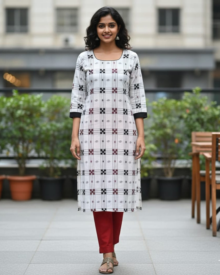 White Pasapali Single Side Designer Sambalpuri A-Line Kurti