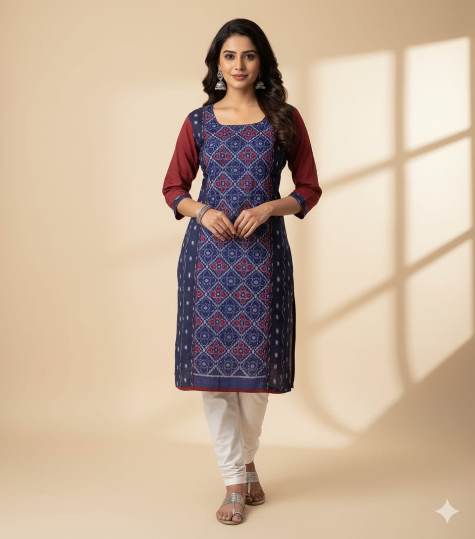 Navy Blue Maroon Flower Designer Sambalpuri A-Line Kurti