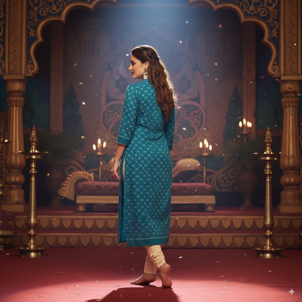 Teal Blue Ikat Designer Double Side Sambalpuri A-Line Kurti