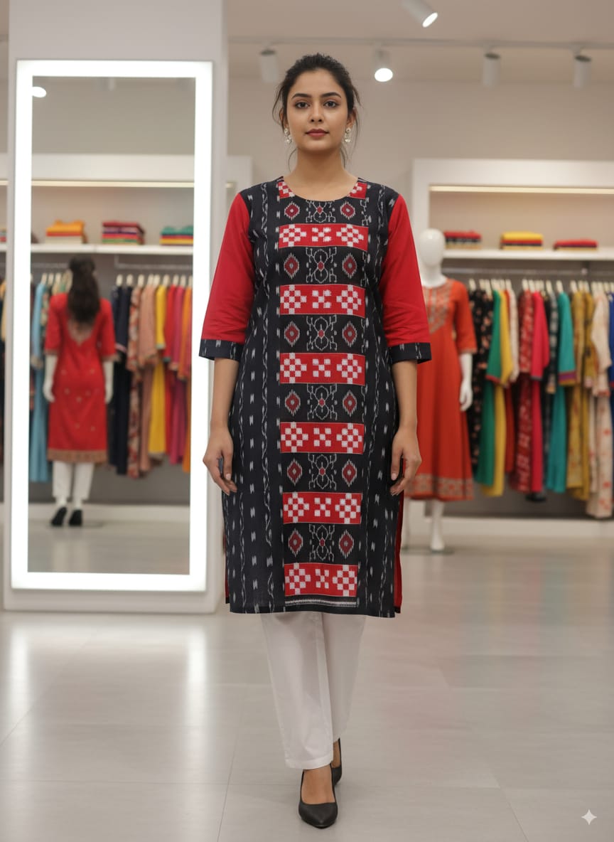 Black Red Pasapali Single Side Designer A-Line Kurti
