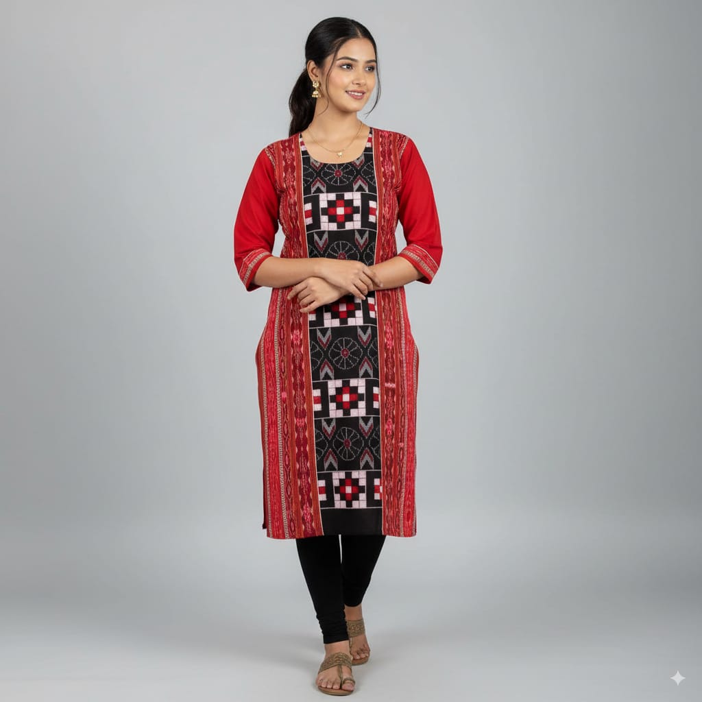 Maroon Black Pasapali Sambalpuri Designer A-Line Kurti