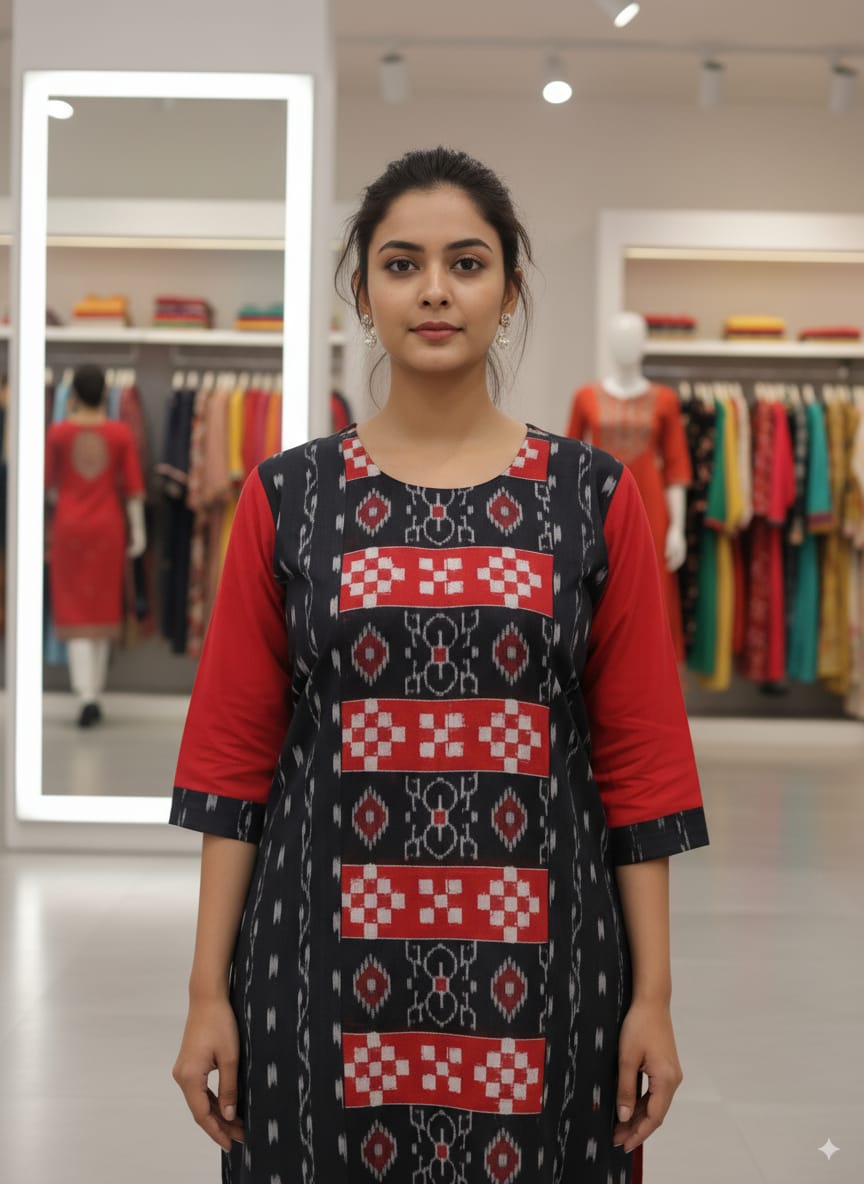 Black Red Pasapali Single Side Designer A-Line Kurti