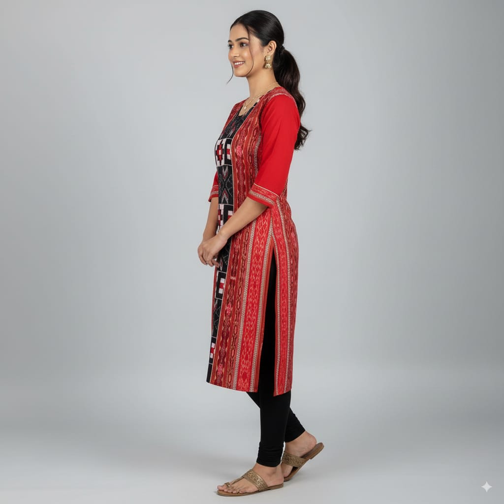 Maroon Black Pasapali Sambalpuri Designer A-Line Kurti