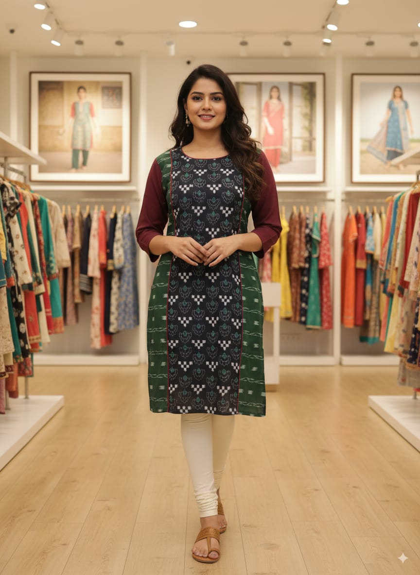 Black Green Maroon Pasapali Design Single Side Designer A-Line Kurti