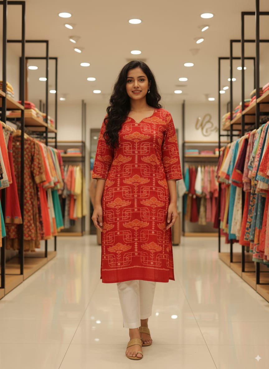 Rust Lotus Design Double Side Designer A-Line Kurti