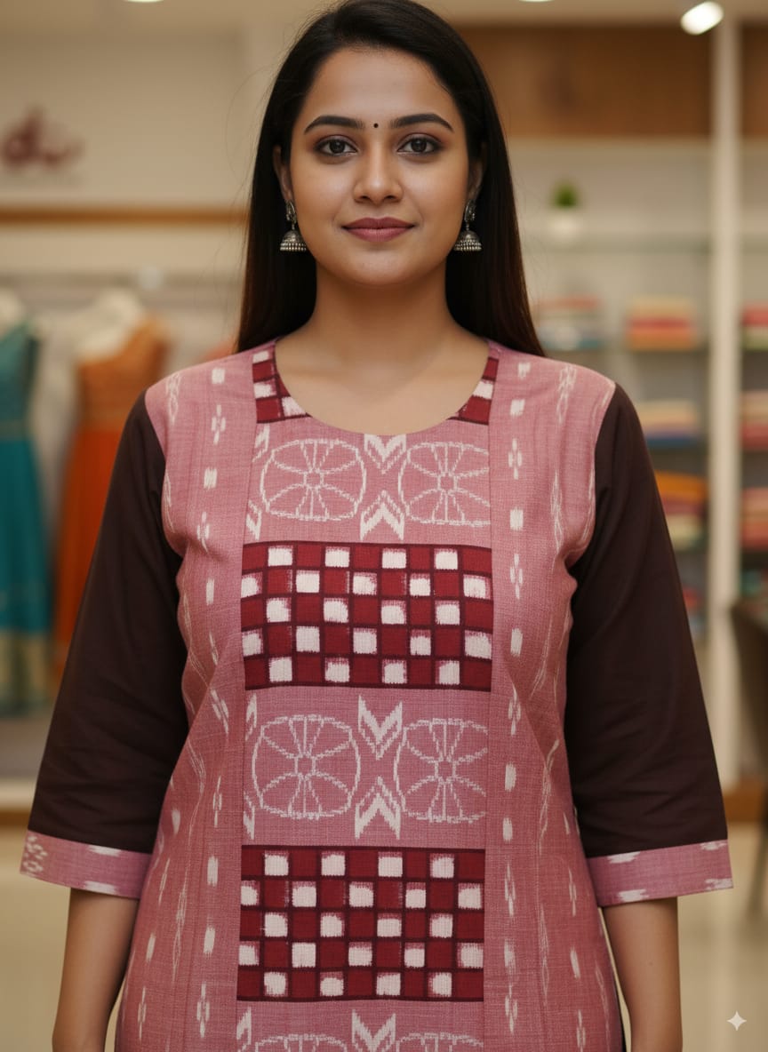 Peach Coffee Pasapali With Konark Wheel Design Single Side Designer A-Line Kurti