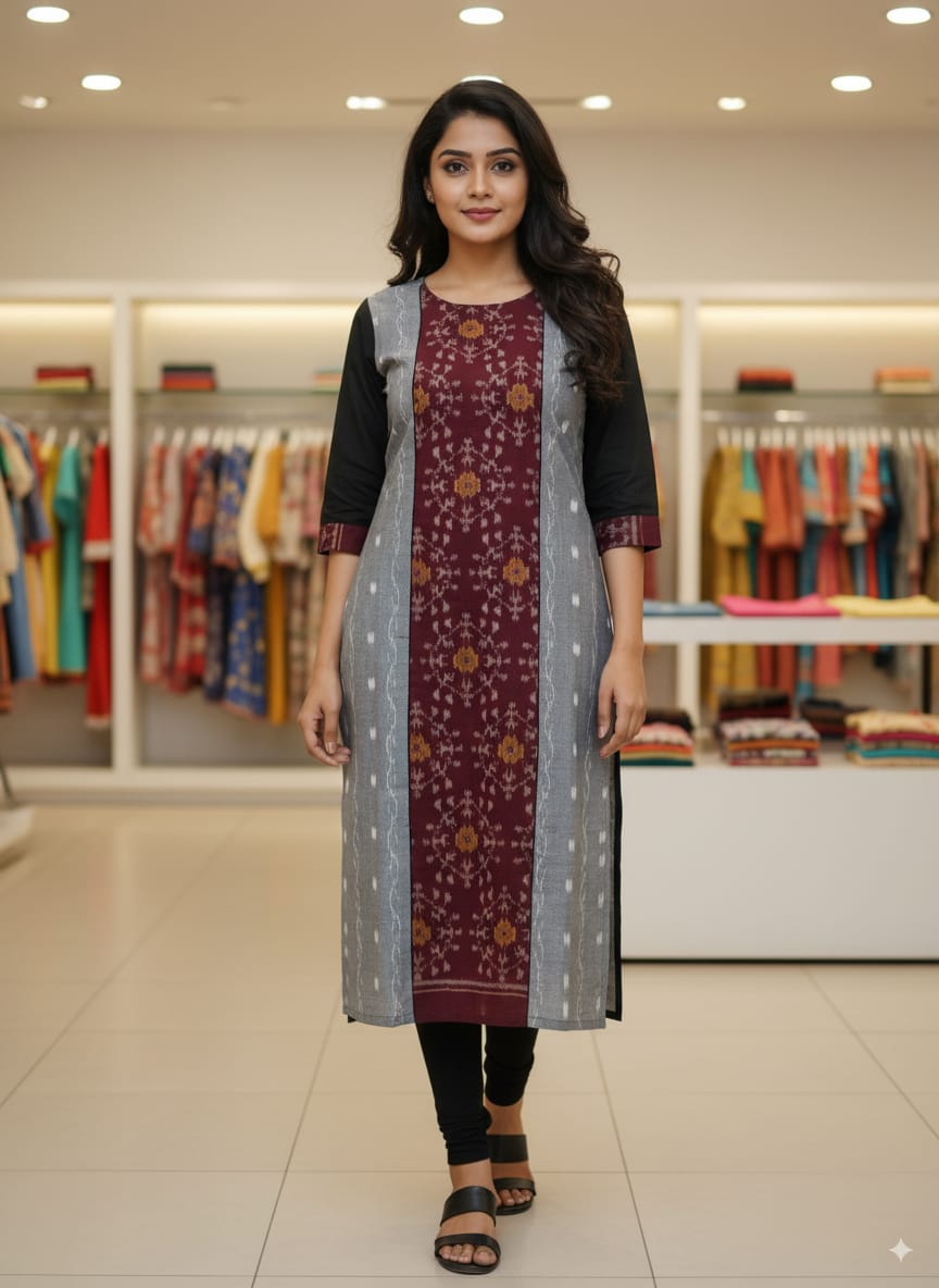 Grey Maroon Black Tribal Design Single Side Designer A-Line Kurti