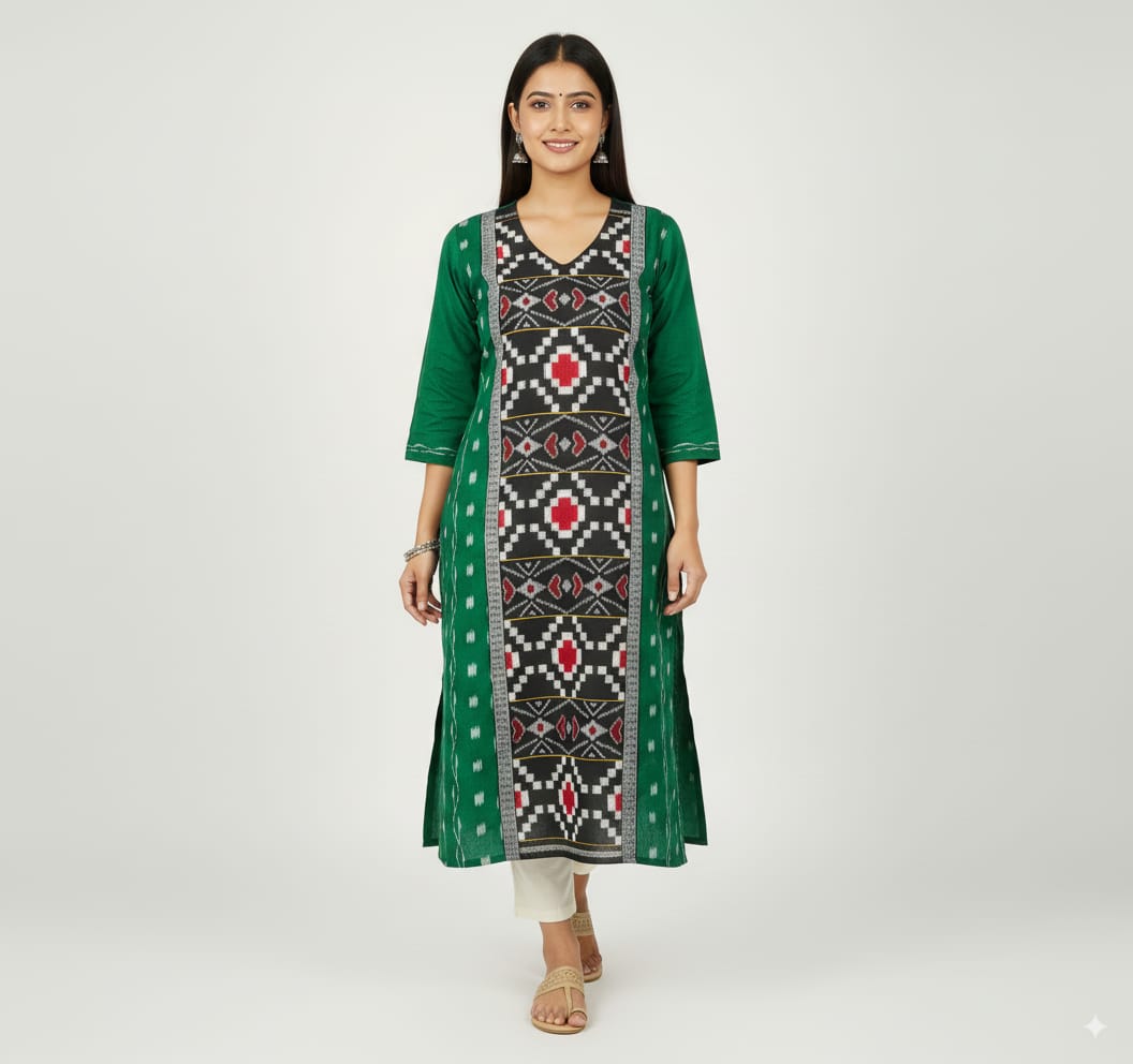Green Black Pasapali Sambalpuri Designer A-Line Kurti
