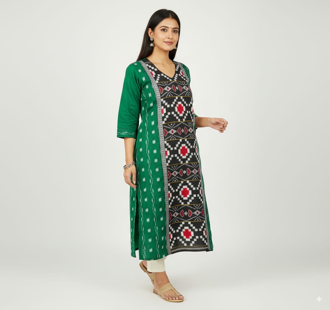 Green Black Pasapali Sambalpuri Designer A-Line Kurti