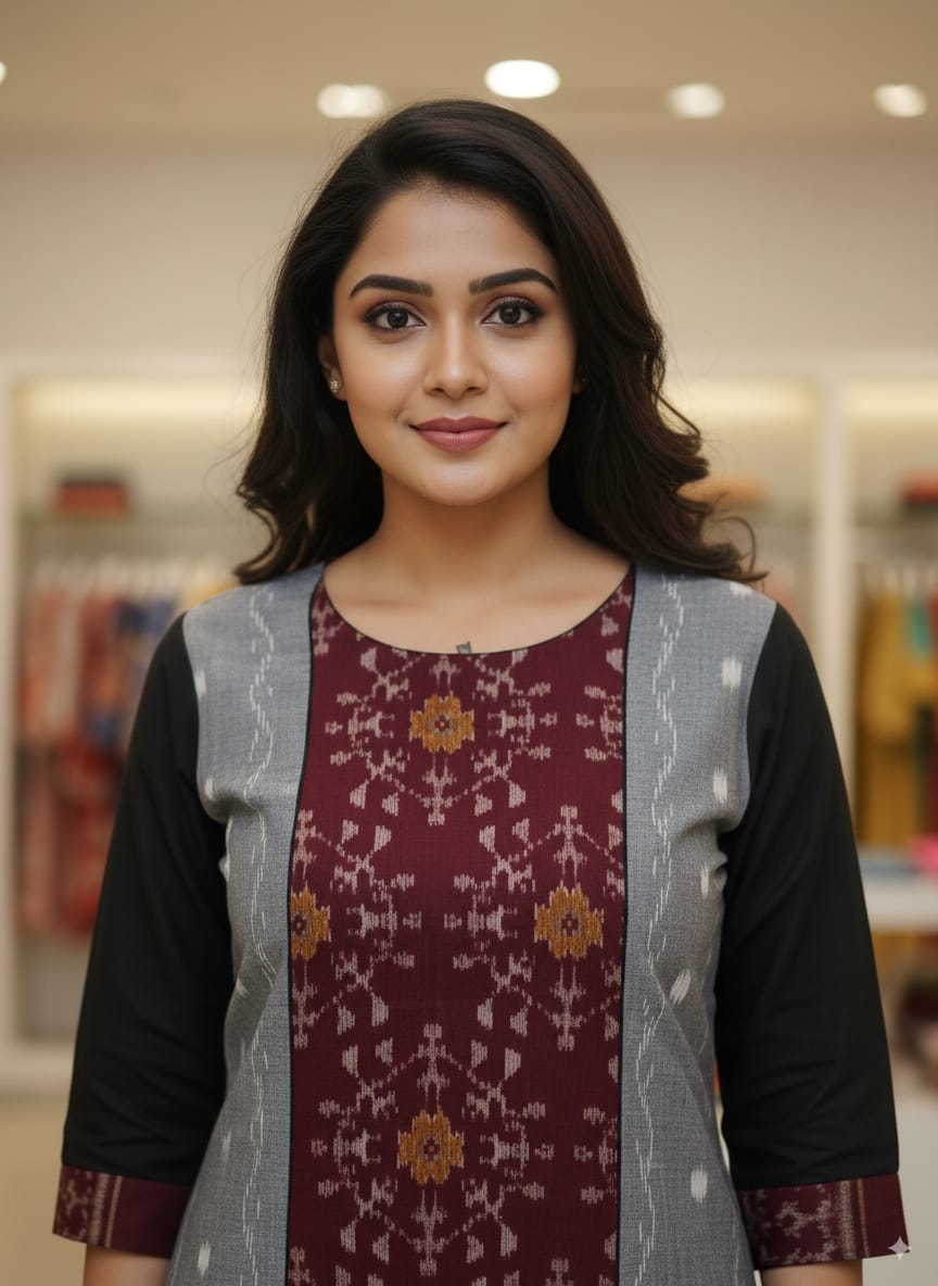 Grey Maroon Black Tribal Design Single Side Designer A-Line Kurti