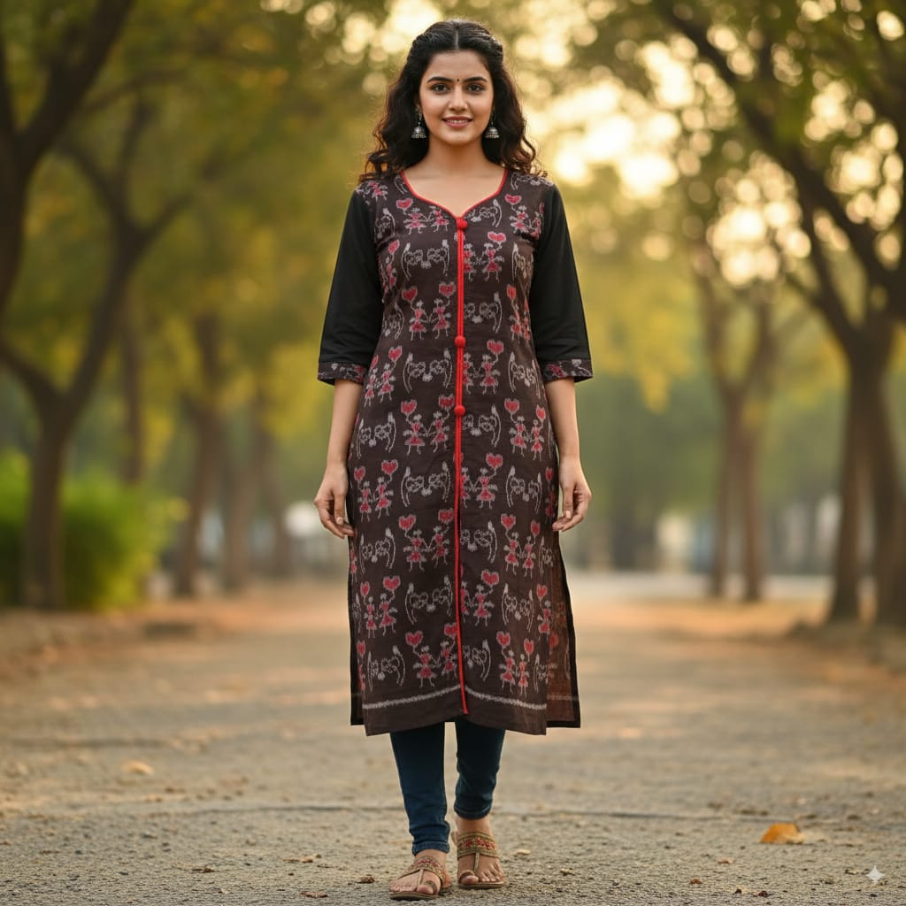 Coffee Dual Tribal Designer Double Side Sambalpuri A-Line Kurti