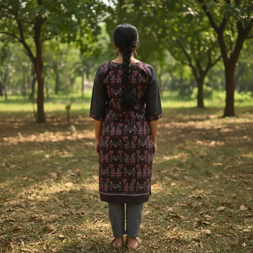 Coffee Dual Tribal Designer Double Side Sambalpuri A-Line Kurti