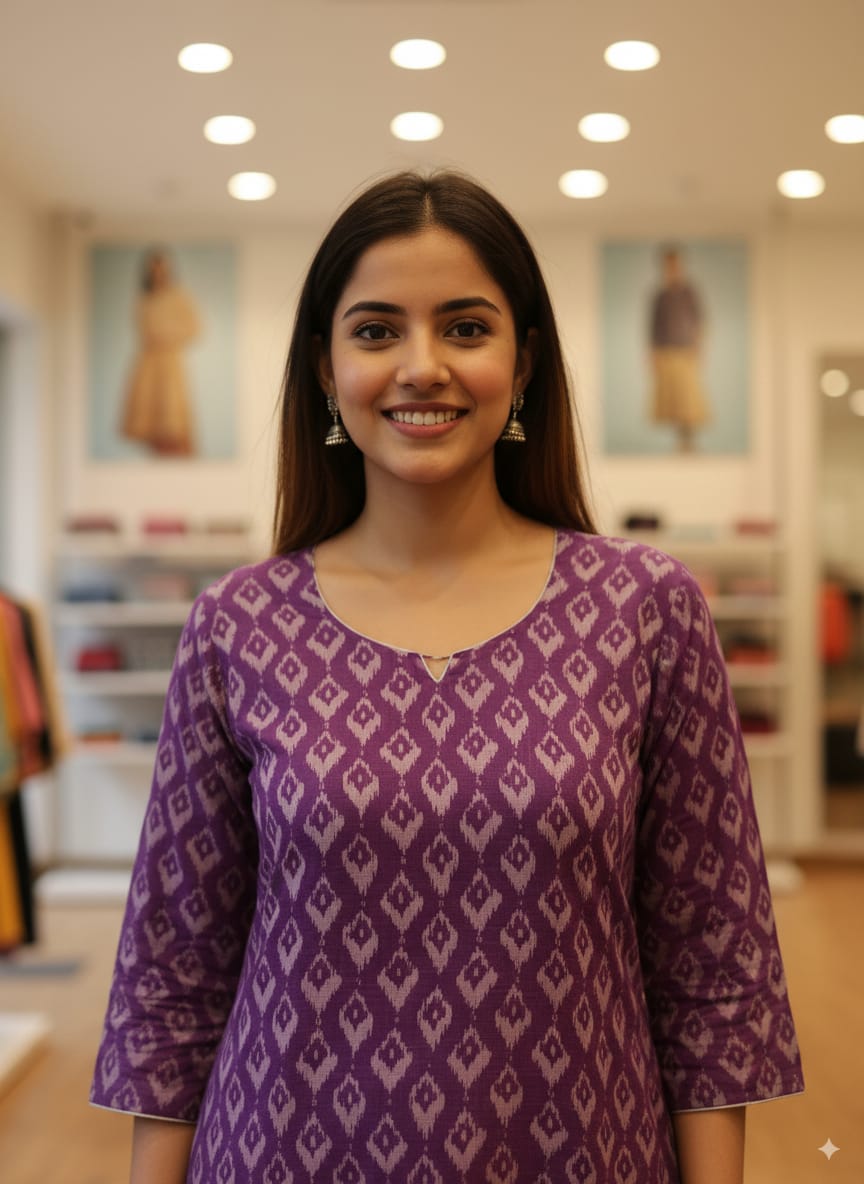 Purple Ikat Design Double Side Designer A-Line Kurti