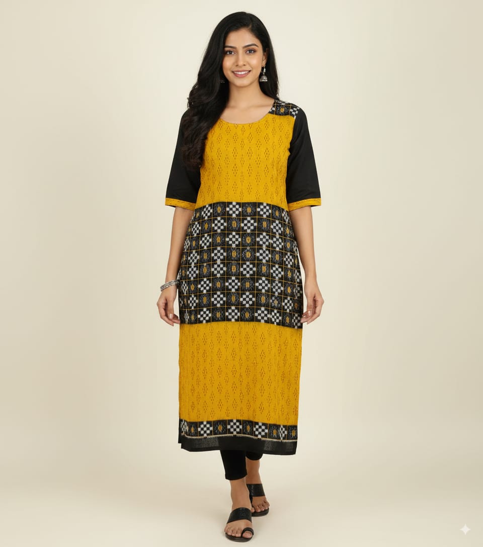 Yellow Black Pasapali Sambalpuri Designer A-Line Kurti