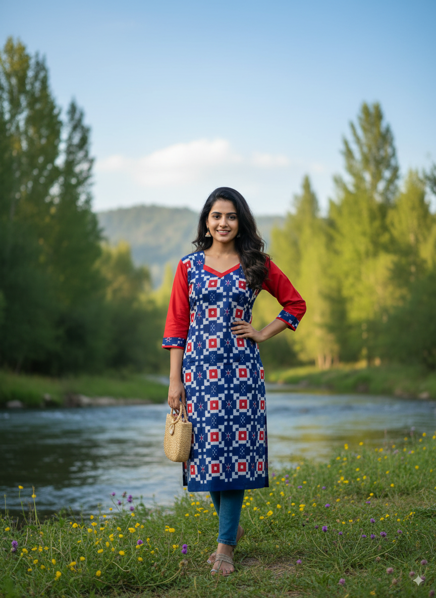 Blue Red Pasapali And Star Design Double Side Designer A-Line Kurti