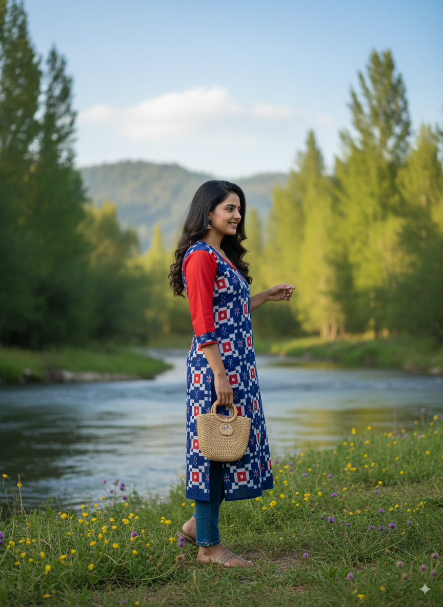Blue Red Pasapali And Star Design Double Side Designer A-Line Kurti