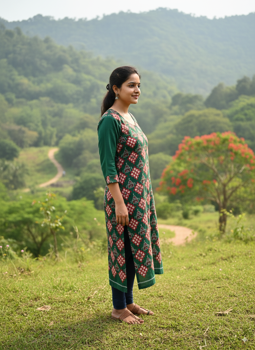 Green Red Pasapali And House Design Double Side Designer A-Line Kurti