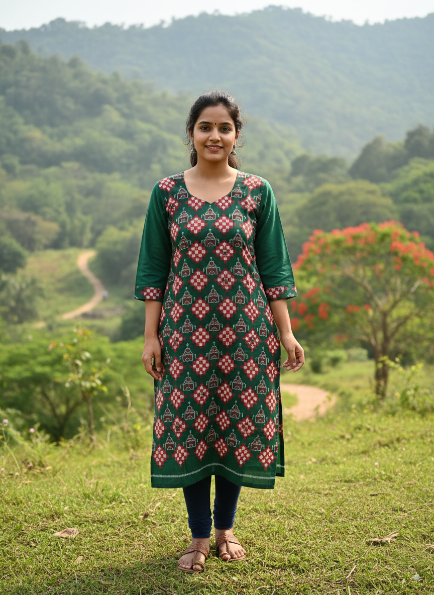 Green Red Pasapali And House Design Double Side Designer A-Line Kurti