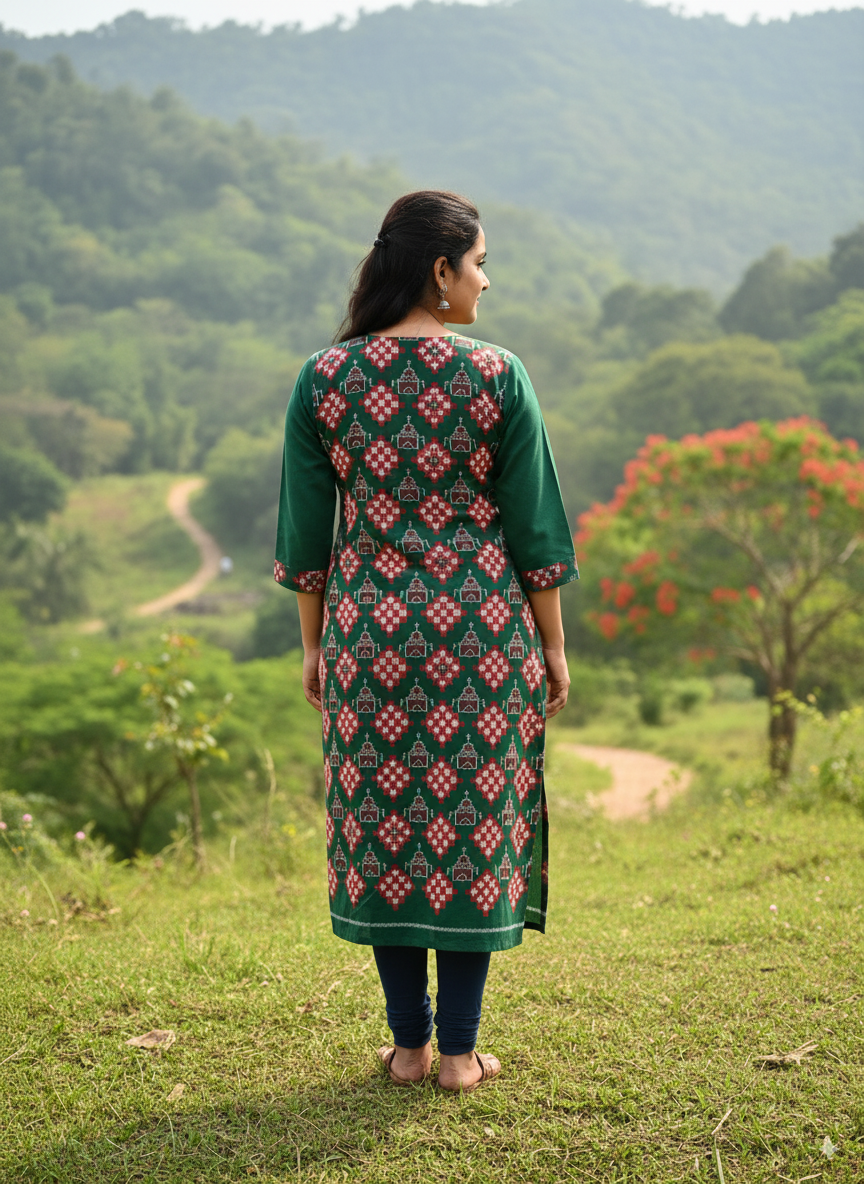 Green Red Pasapali And House Design Double Side Designer A-Line Kurti