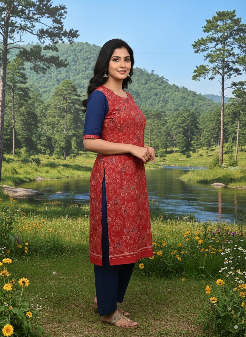 Red Blue Peacock Design Single Side Designer A-Line Kurti