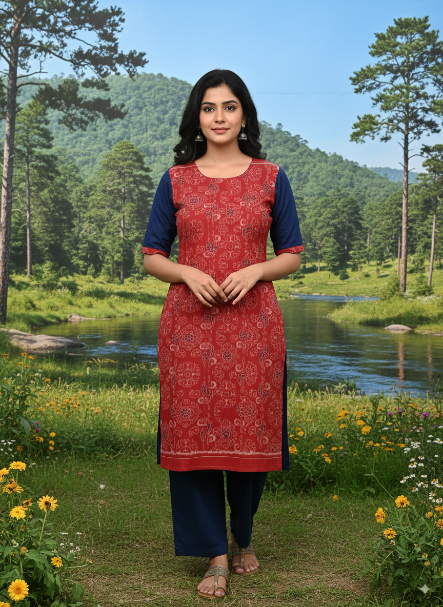 Red Blue Peacock Design Single Side Designer A-Line Kurti