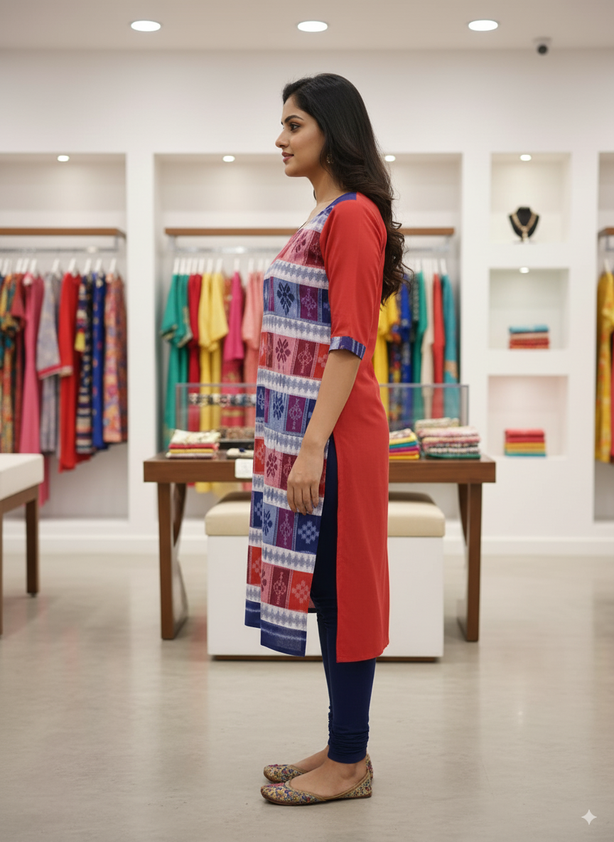 Red Blue White Pasapali Designer A-Line Kurti