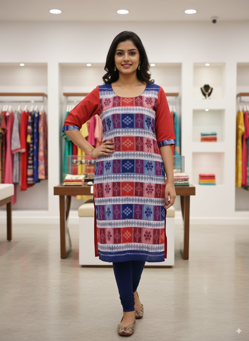 Red Blue White Pasapali Designer A-Line Kurti