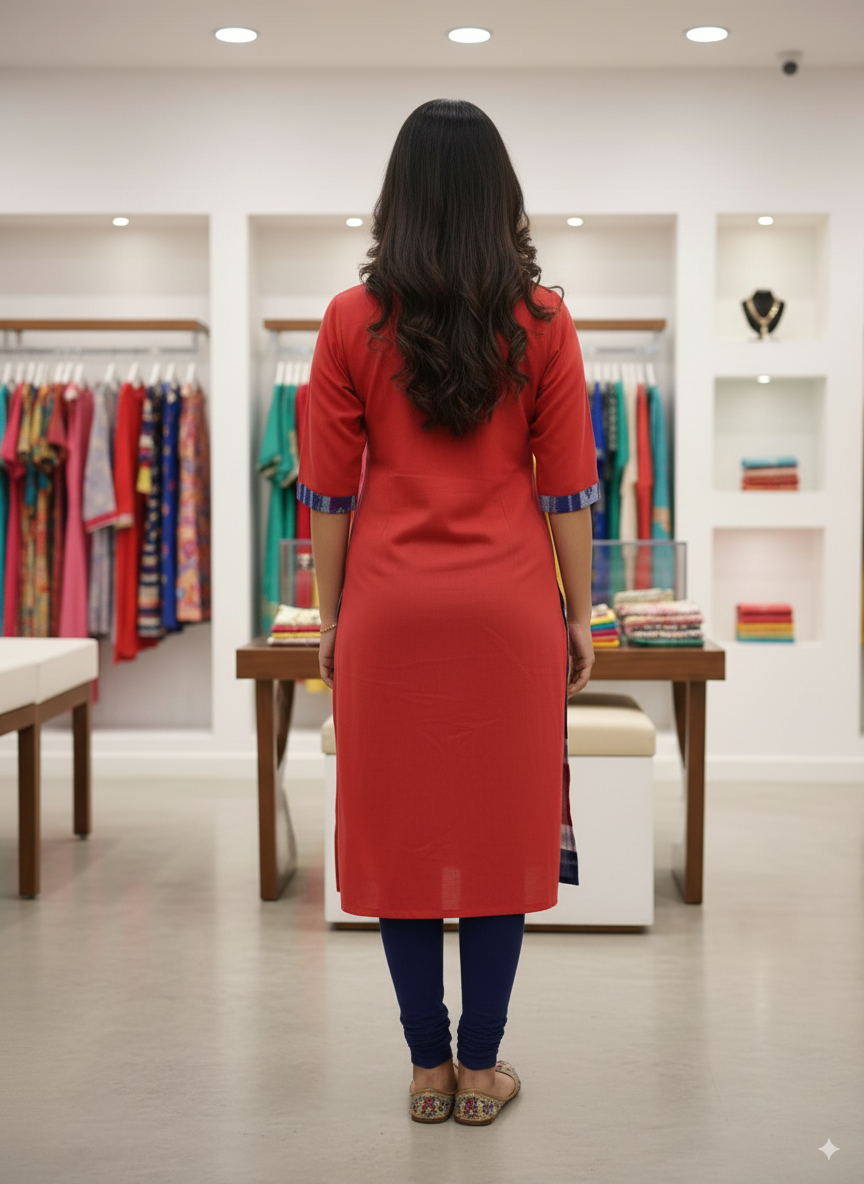 Red Blue White Pasapali Designer A-Line Kurti