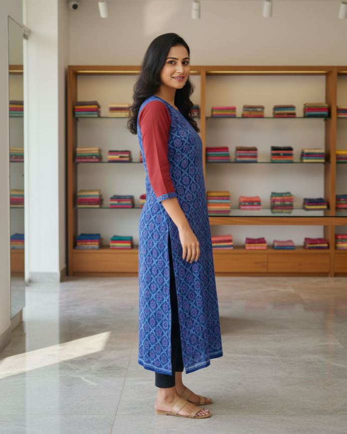 Blue Maroon Flower Design Sambalpuri Designer A-Line Kurti