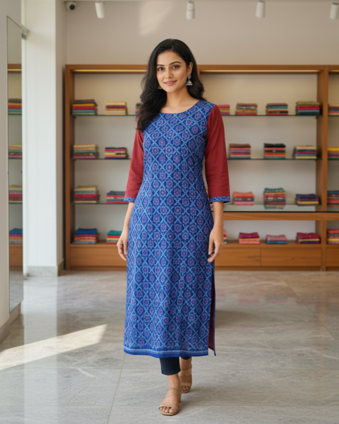 Blue Maroon Flower Design Sambalpuri Designer A-Line Kurti