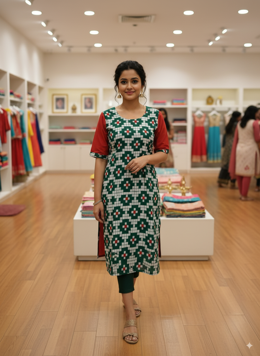 Green White Red Pasapali Design Sambalpuri Designer A-Line Kurti
