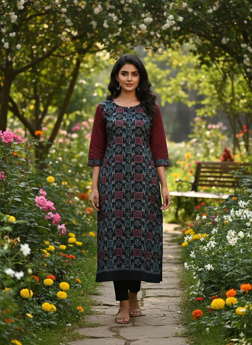 Black Maroon Design Single Side Designer A-Line Kurti