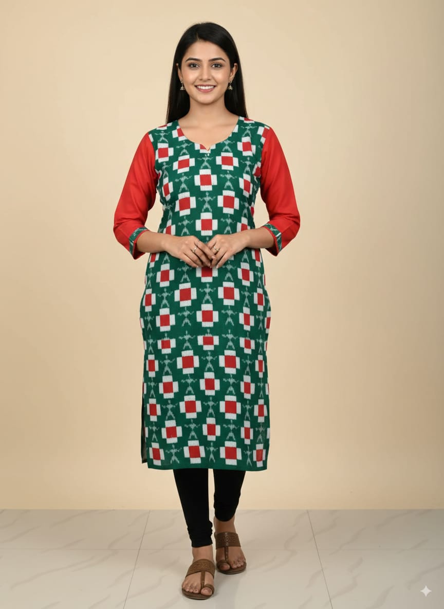 Green Red White Tribal And Pasapali Design Single Side Designer A-Line Kurti
