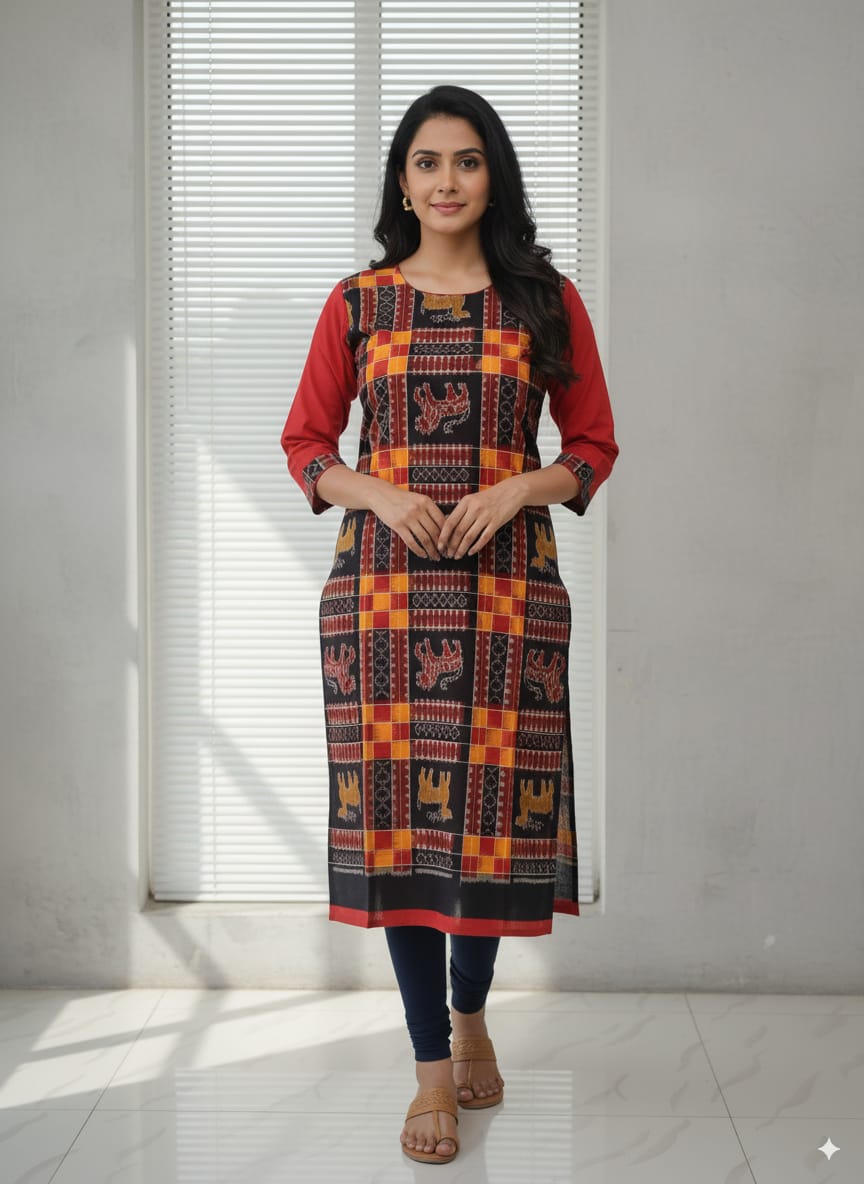 Yellow Black Red Designer Double Side Sambalpuri A-Line Kurti